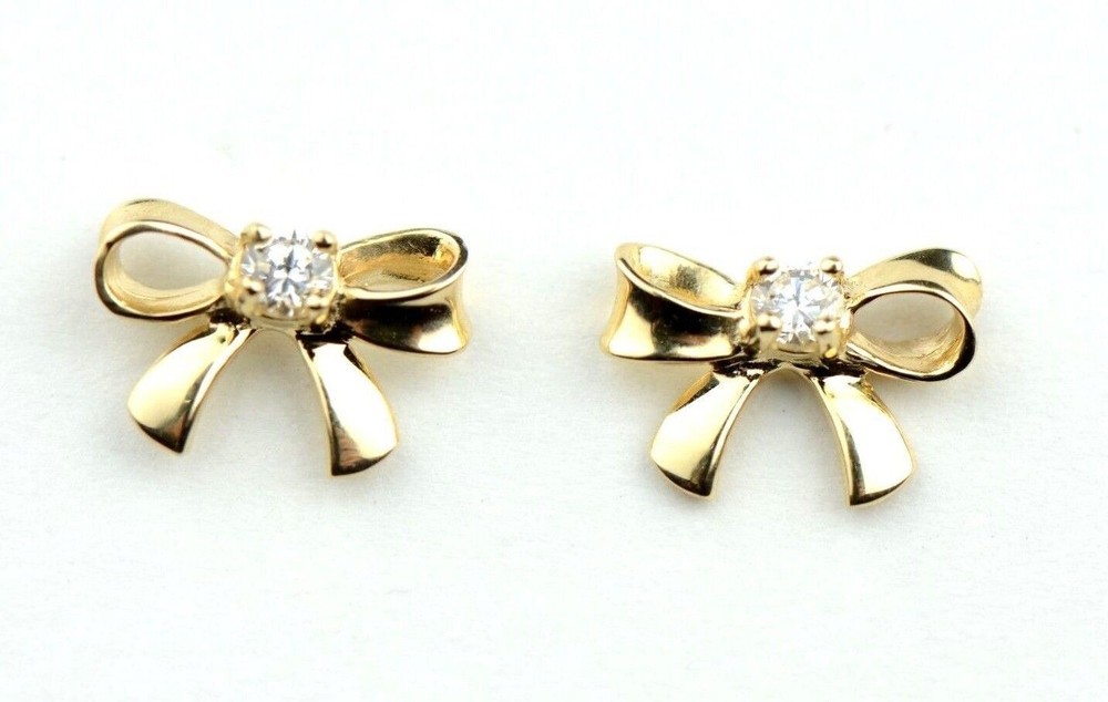 14k Solid White or Yellow Gold Bow Tie Stud Earrings with CZ