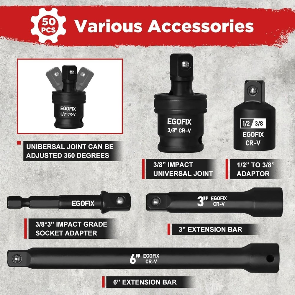Complete 50-Piece Chrome Vanadium Socket Set with 6-Point Design & Accessories