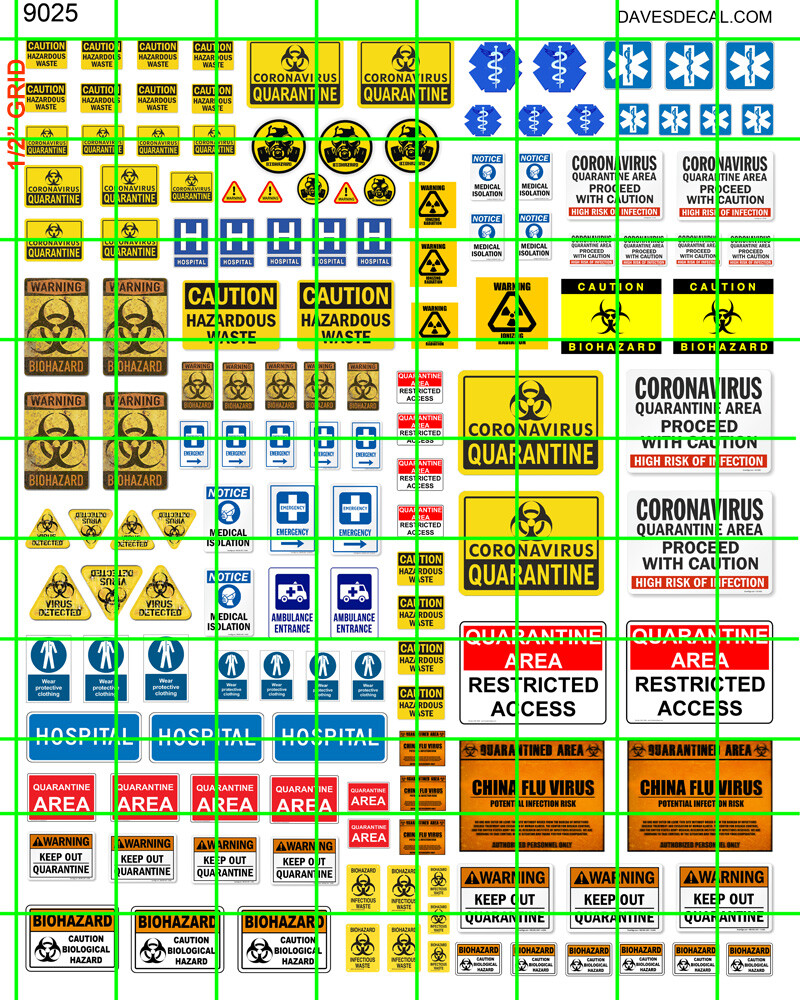 9025 DAVE'S DECALS MIXED SIZED VIRUS BIOHAZARD QUARANTINE DANGER WARNING SET
