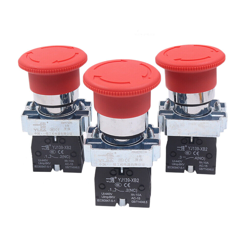 2x Red Mushroom Head 22mm E-STOP Emergency Stop Push Button Switch 1NO 1NC XB2