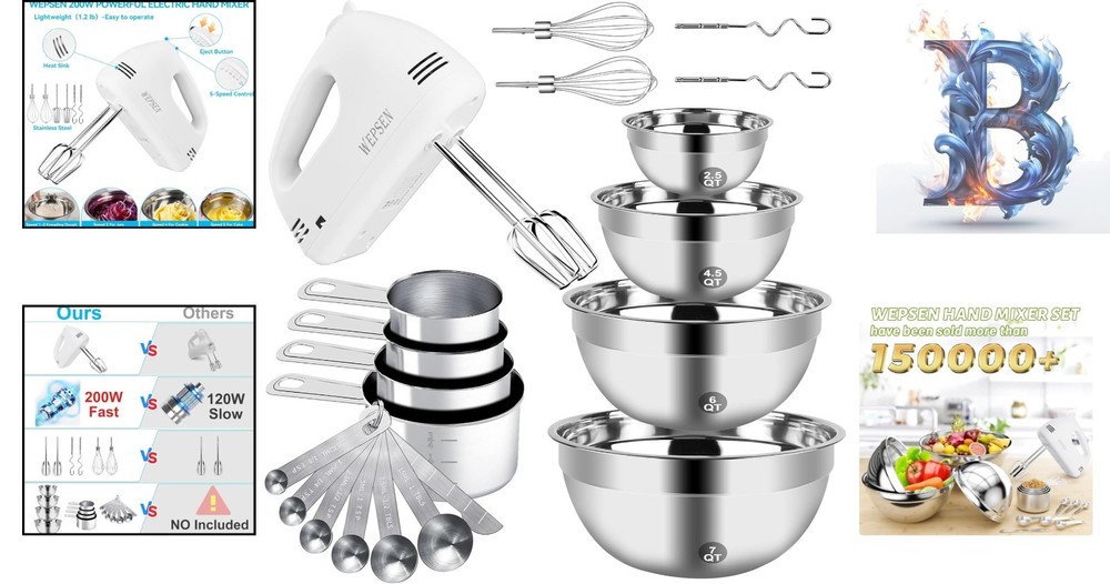 5-Speed Hand Mixer & 4 Nesting Bowls Set - Essential Kitchen Tools for Beginners