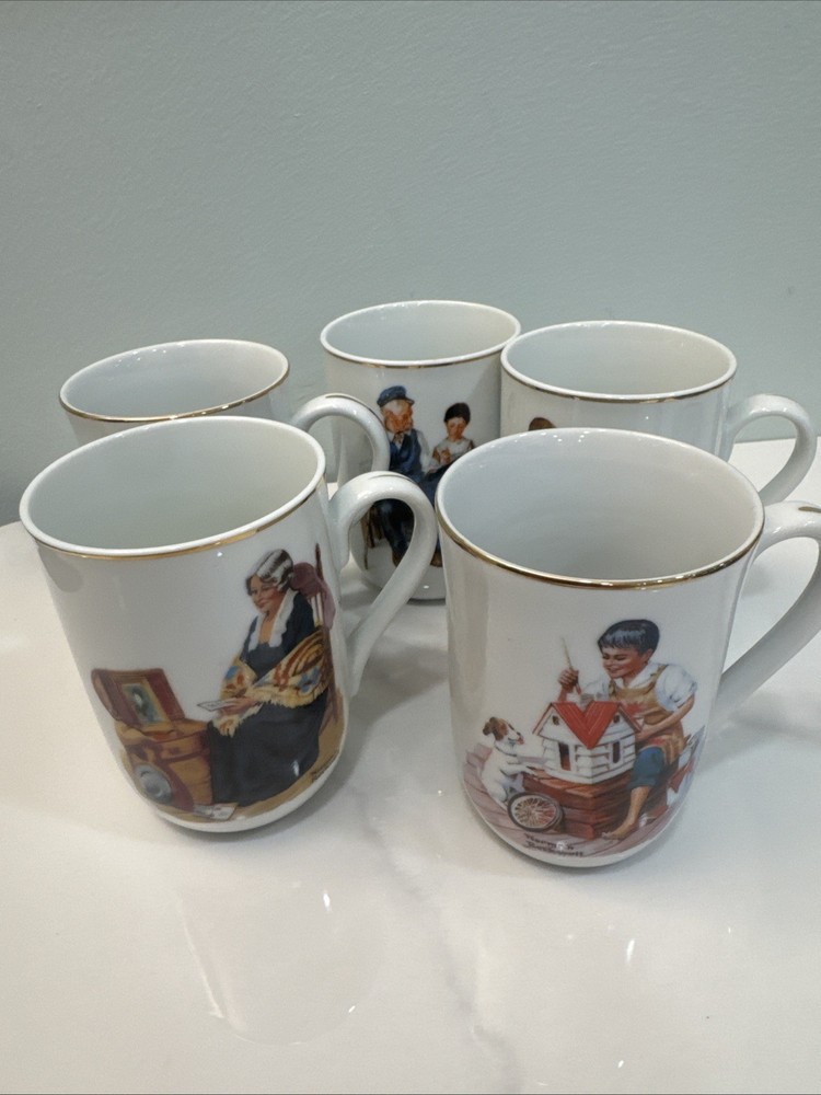 Norman Rockwell Coffee Cups From 1982 4 Different Patterns  5 Piece Set