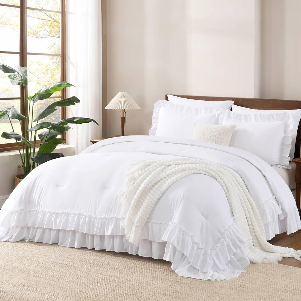 White Ruffle Comforter Full Set, 3 Piece Simple Bedding Comforter Set