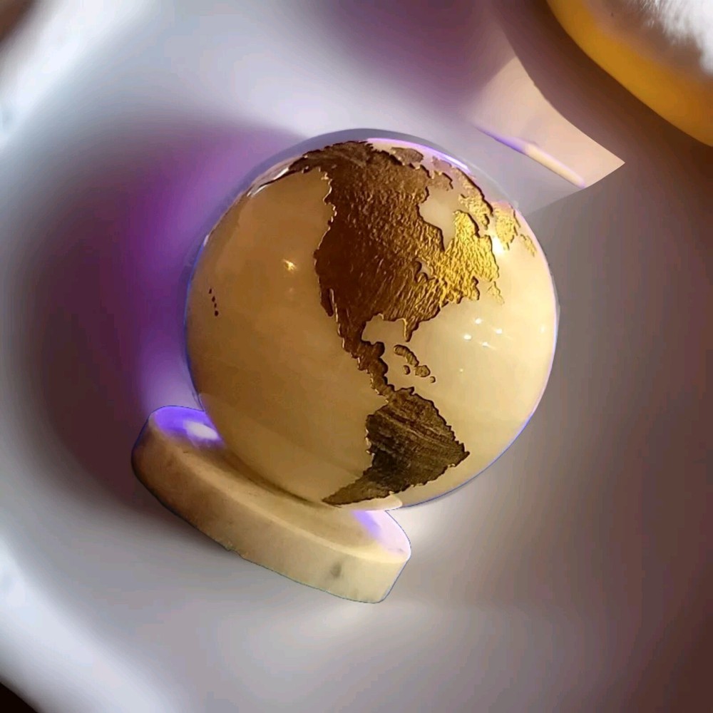Maitland Smith Marble Stone Globe Solid White Gold With Aftermarket Base