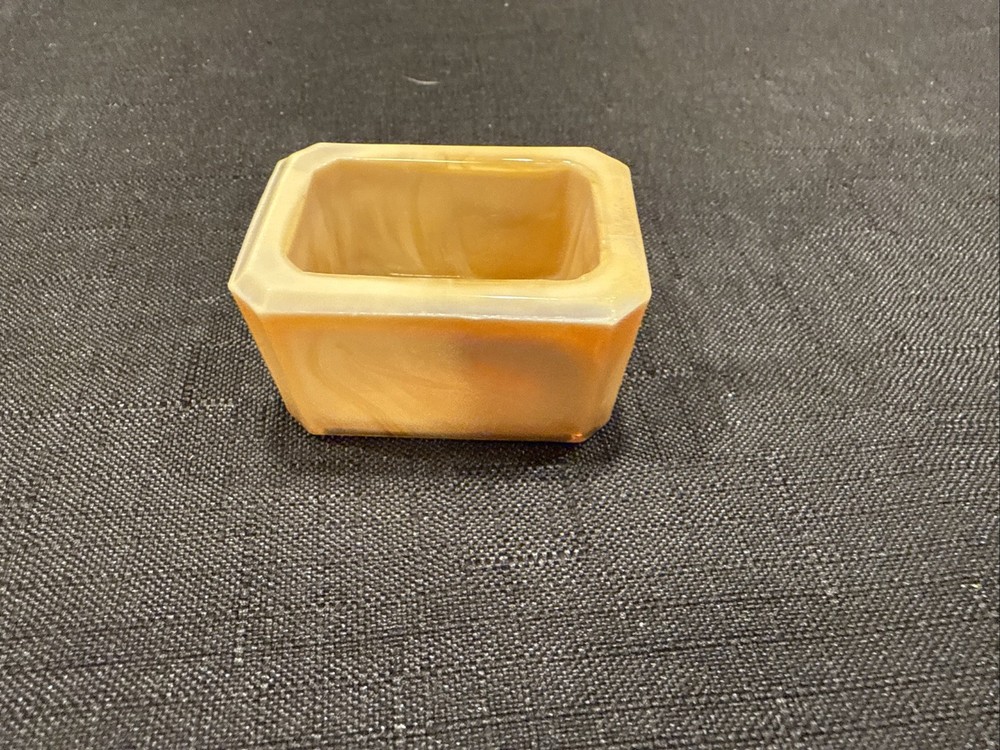 Vintage Rectangular Open Salt Dip Signed E.E. With Beveled Corner Golden Agate