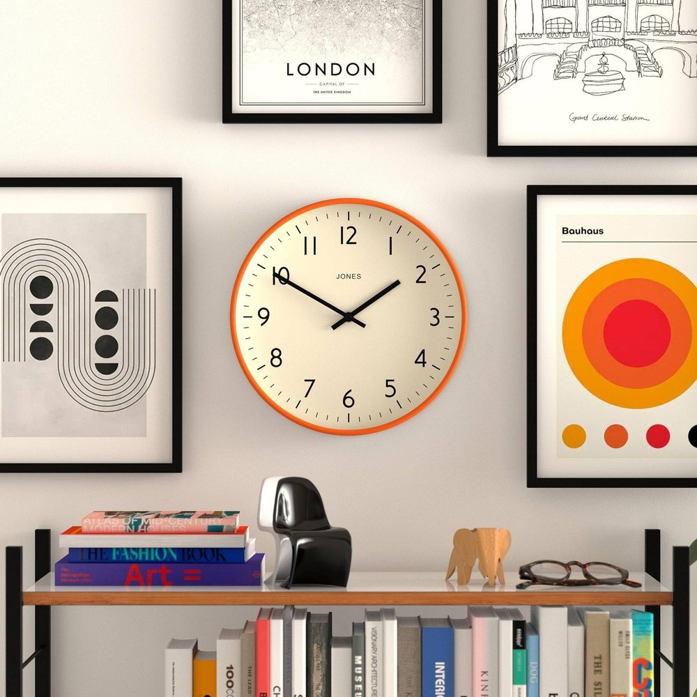 JONES CLOCKS® Studio wall Clock | Modern Round Style | 12 inch | Orange | E