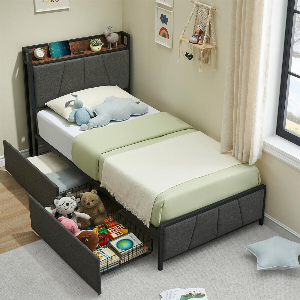 ✅Twin Size Bed Frame with 2 Storage Drawers Linen Upholstered Platform Bedframe