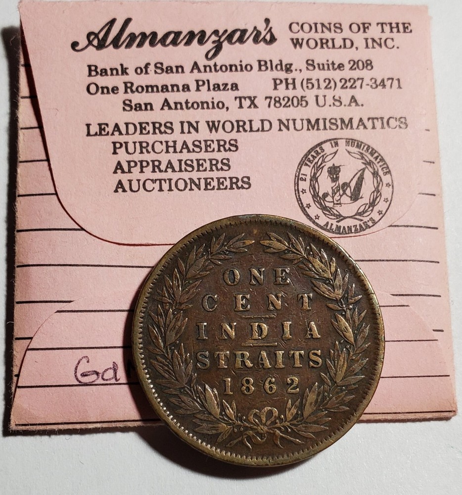 Straits Settlements 1862 Cent KM-6 VF Copper Coin