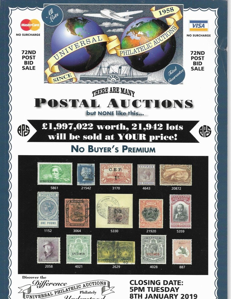 Postage stamp auction catalog / Universal Philatelic Auctions #72 / January 2019