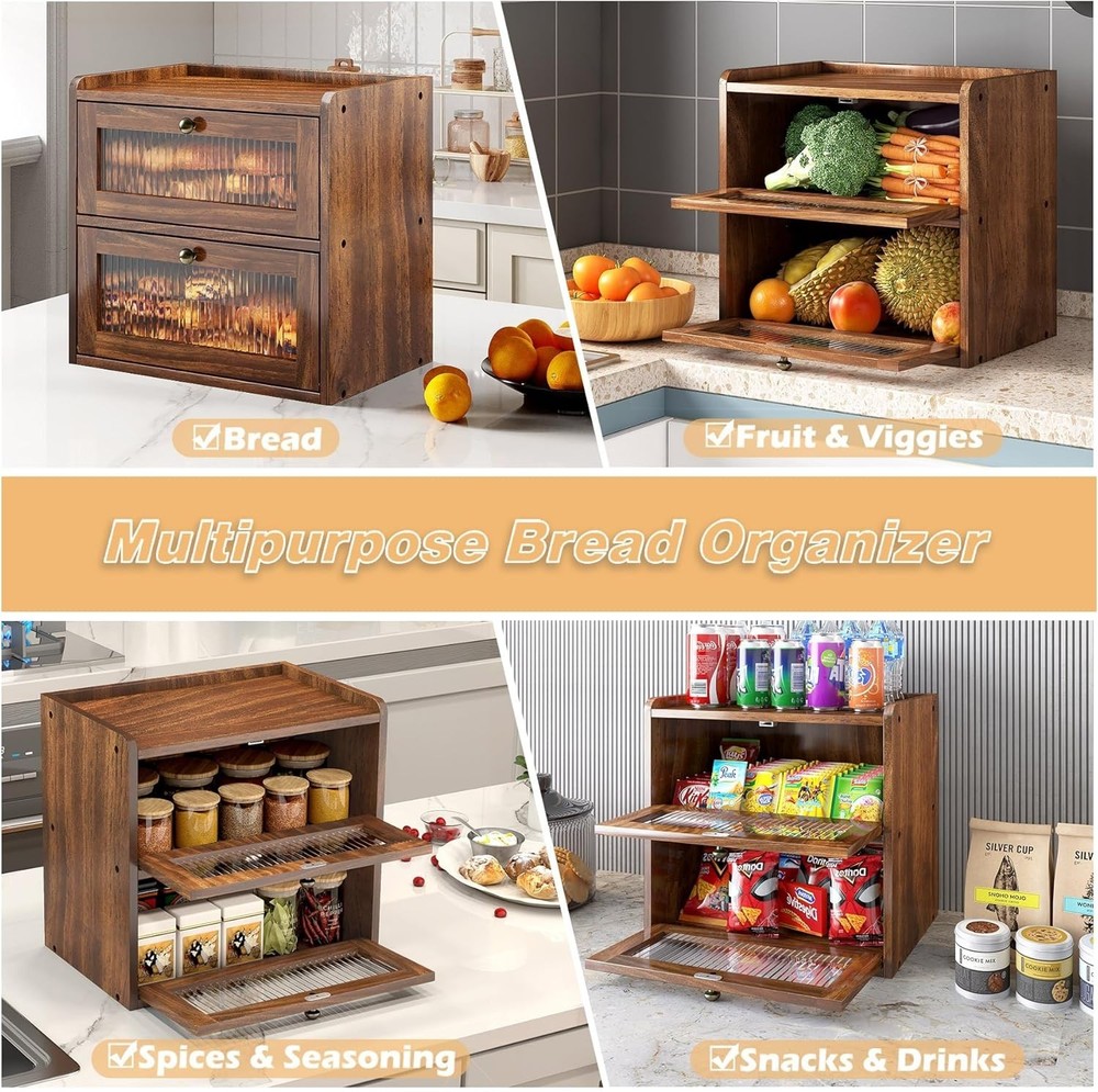 Double Layer Large Bread Box for Kitchen Counter, Wooden Corner Bread Storage Co