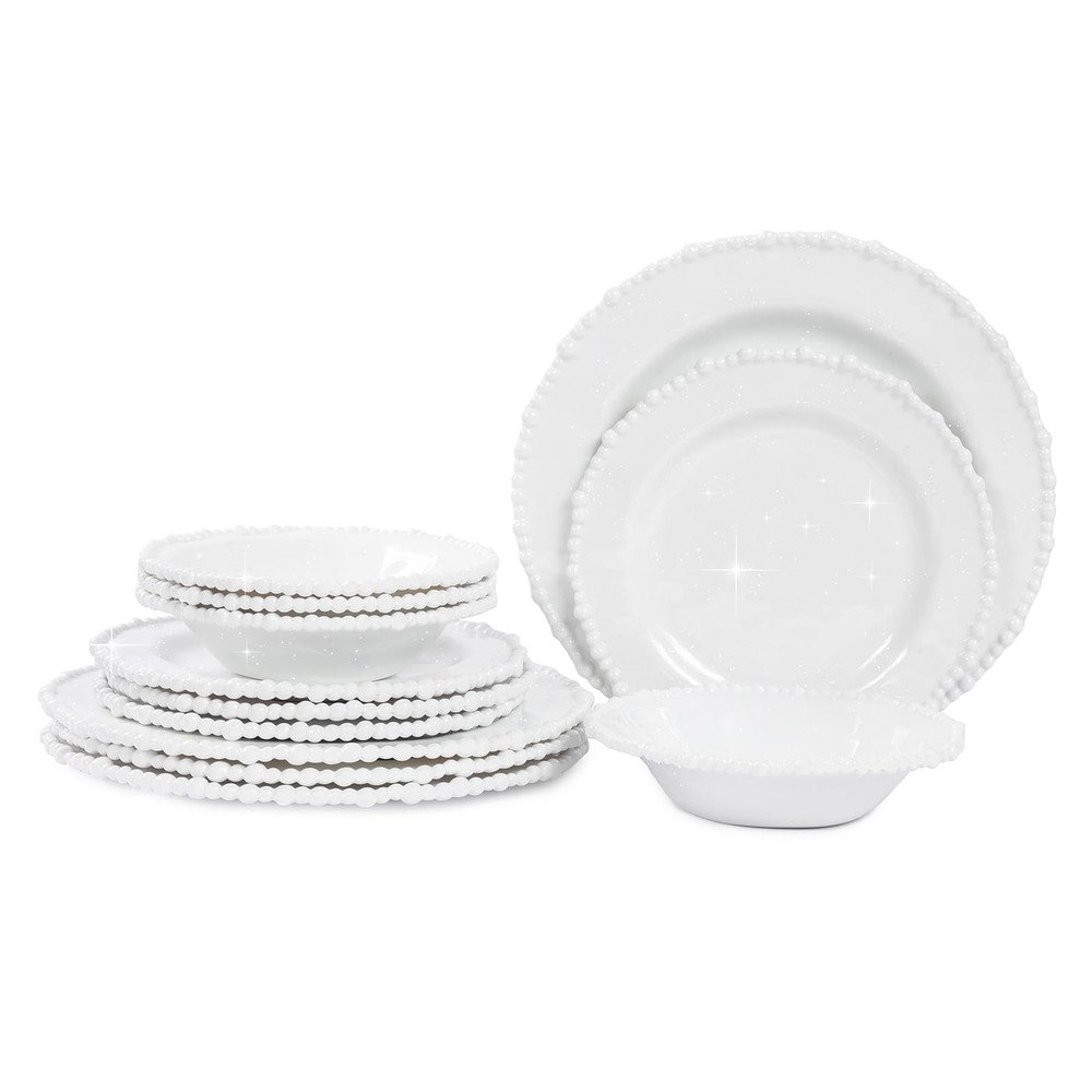 White Pearl Melamine Dinnerware Set, 12-Piece Plastic Dinner Dishes Set, for ...