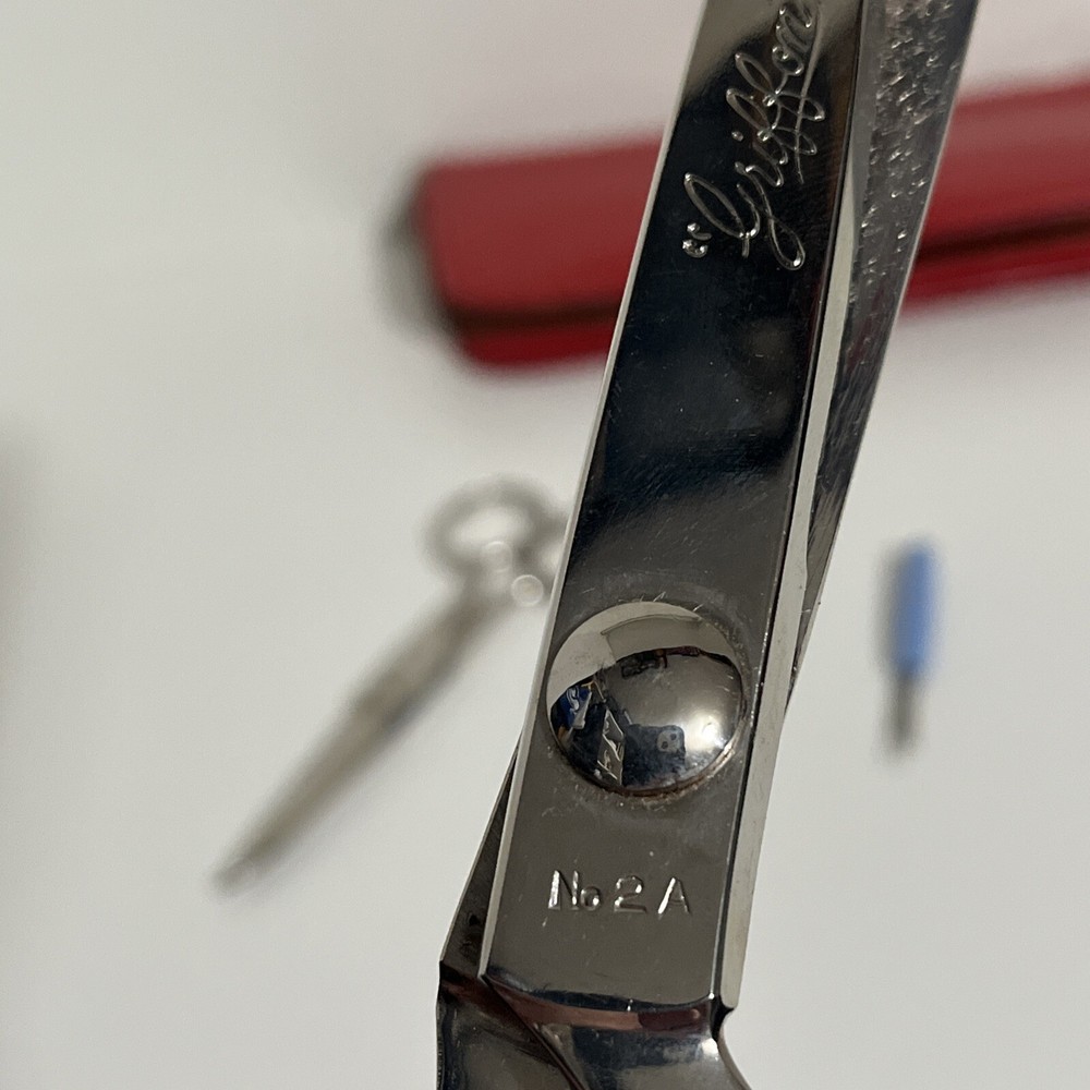 Vintage Pinking Shears, Griffon Scissors, Thimble & Red Leather Sewing Case Set