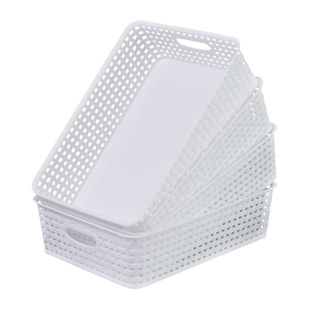 4-Pack White Plastic Basket Trays, Shallow Paper Storage Baskets