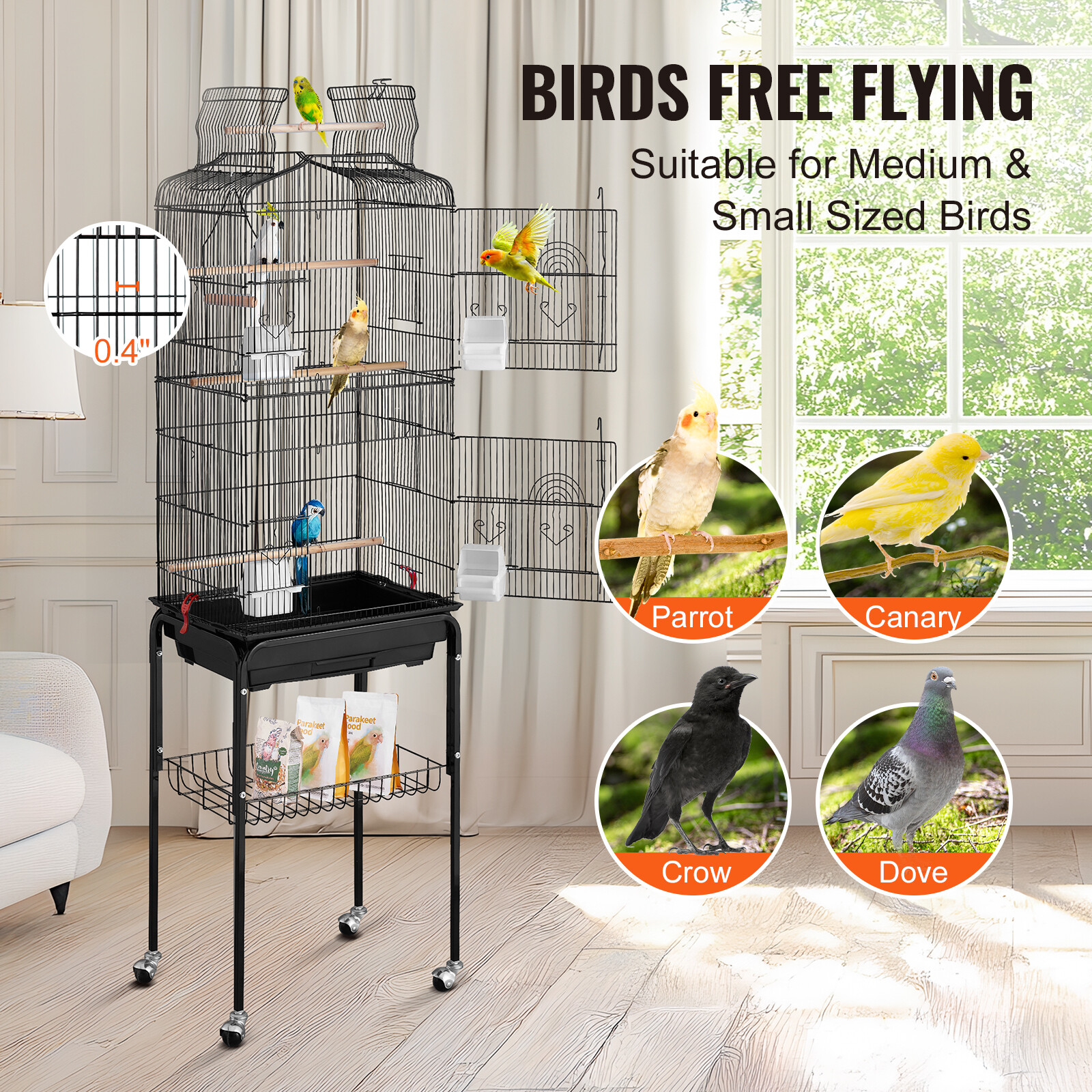 Large Bird Cage 62 in Rolling Metal Parakeet Cage for Cockatiels Parrot