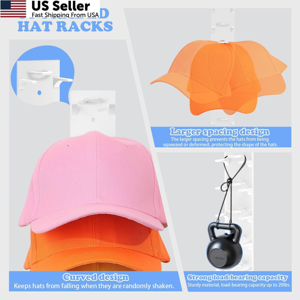 Hat Organizer for Baseball Caps, 2 Pack Rack Wall Hold 2 Pack, White