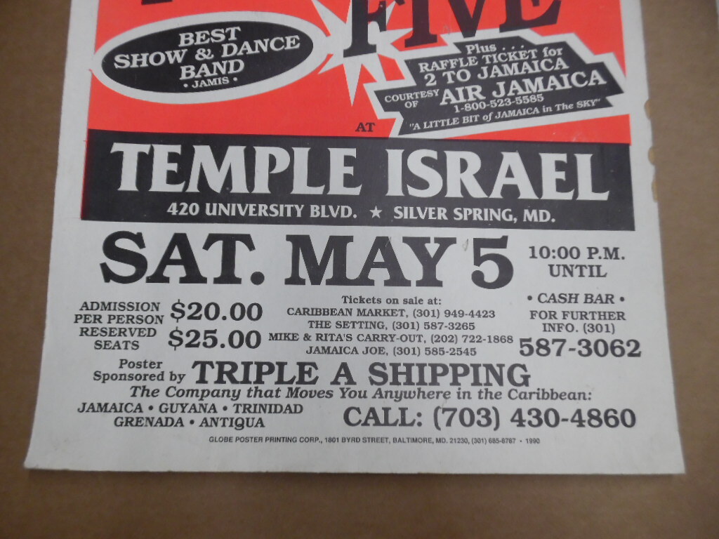 Vintage Fabulous Five Reggae Concert Poster Silver Spring MD Vintage Original