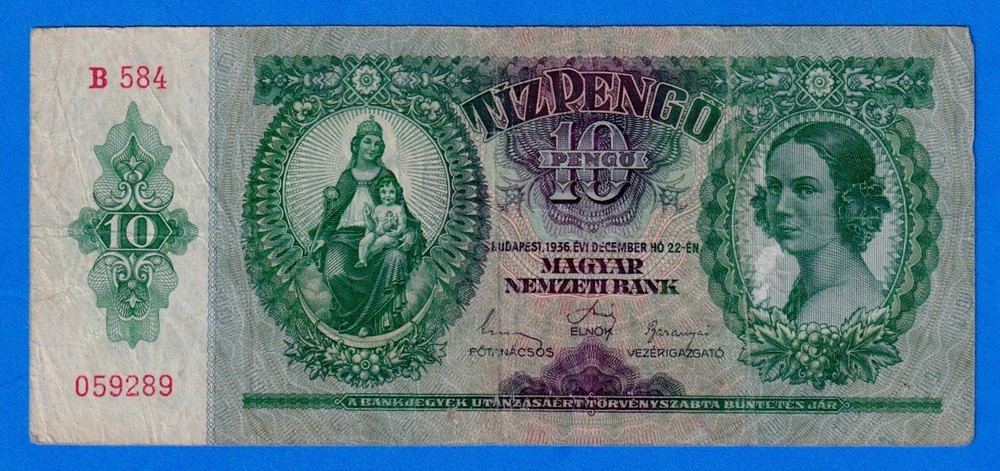 Hungary 10 TIZ PENGO 1936 P-100  Circulated Note B584 059289