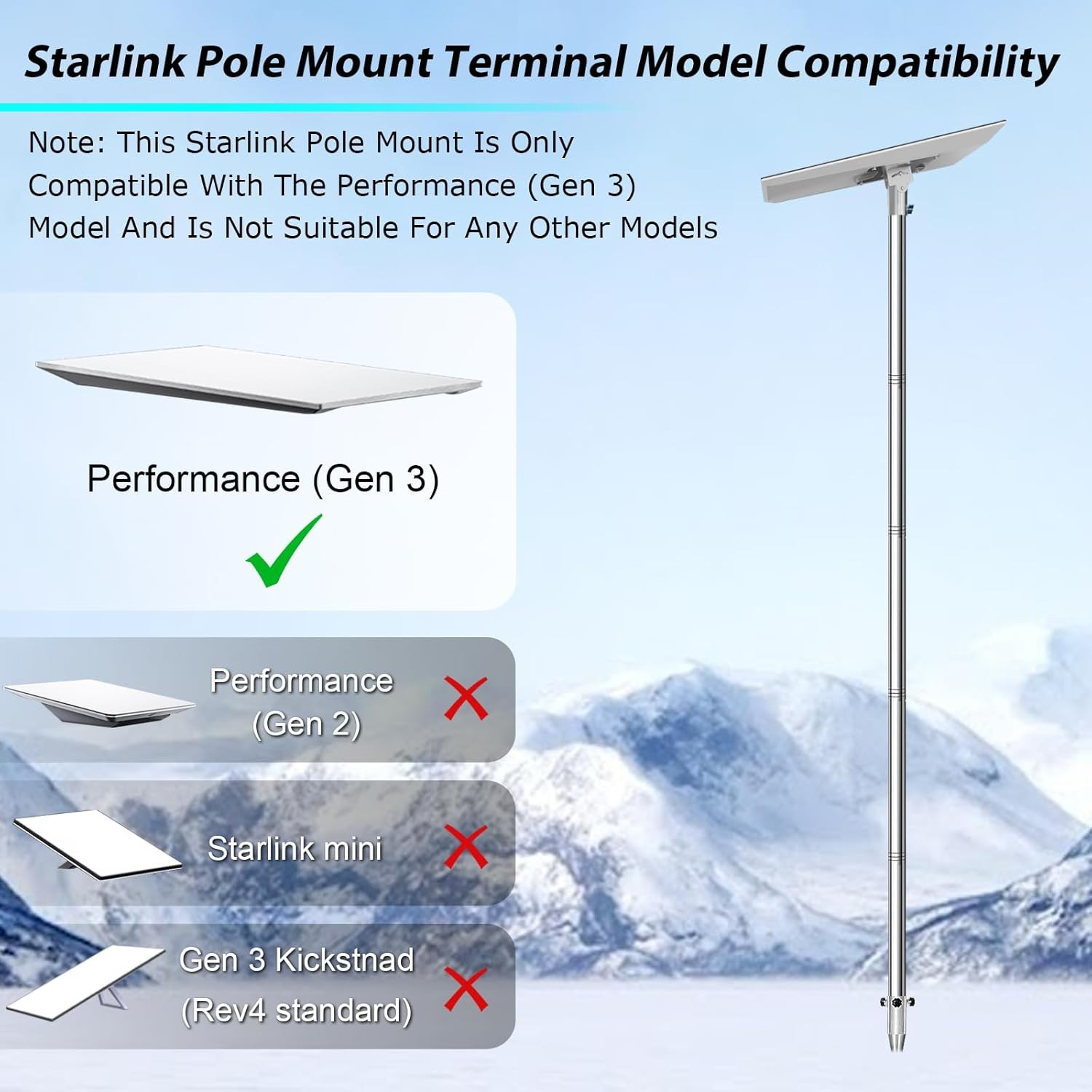 Starlink Performance Gen 3 Pole Mount Kit, with Stainless Steel Pipe Adapter