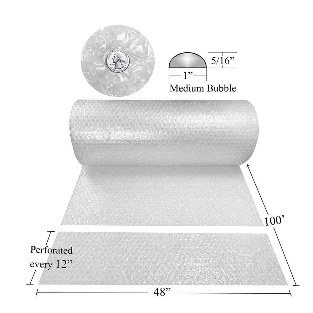 Large Bubble Wrap Roll 48" x 100ft, 5/16" Medium Bubbles, Clear