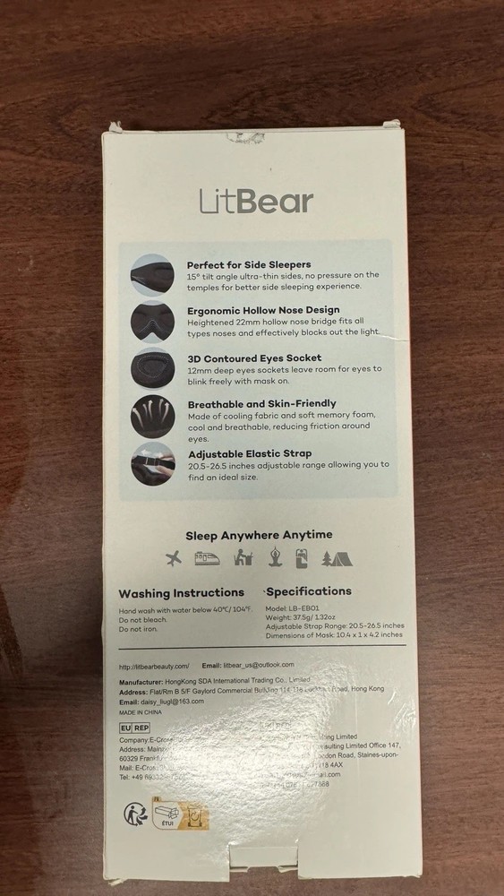 LitBear Sleep Mask for Side Sleeper, 3D Contoured Cup, Adjustable Elastic Strap