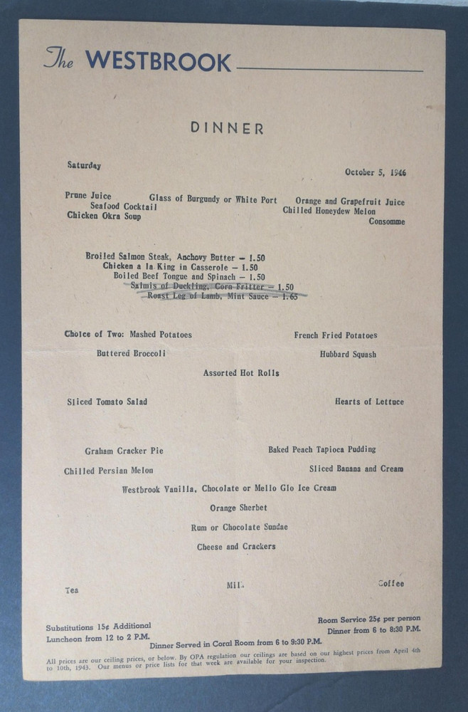 The Westbrook Dinner Menu 1946