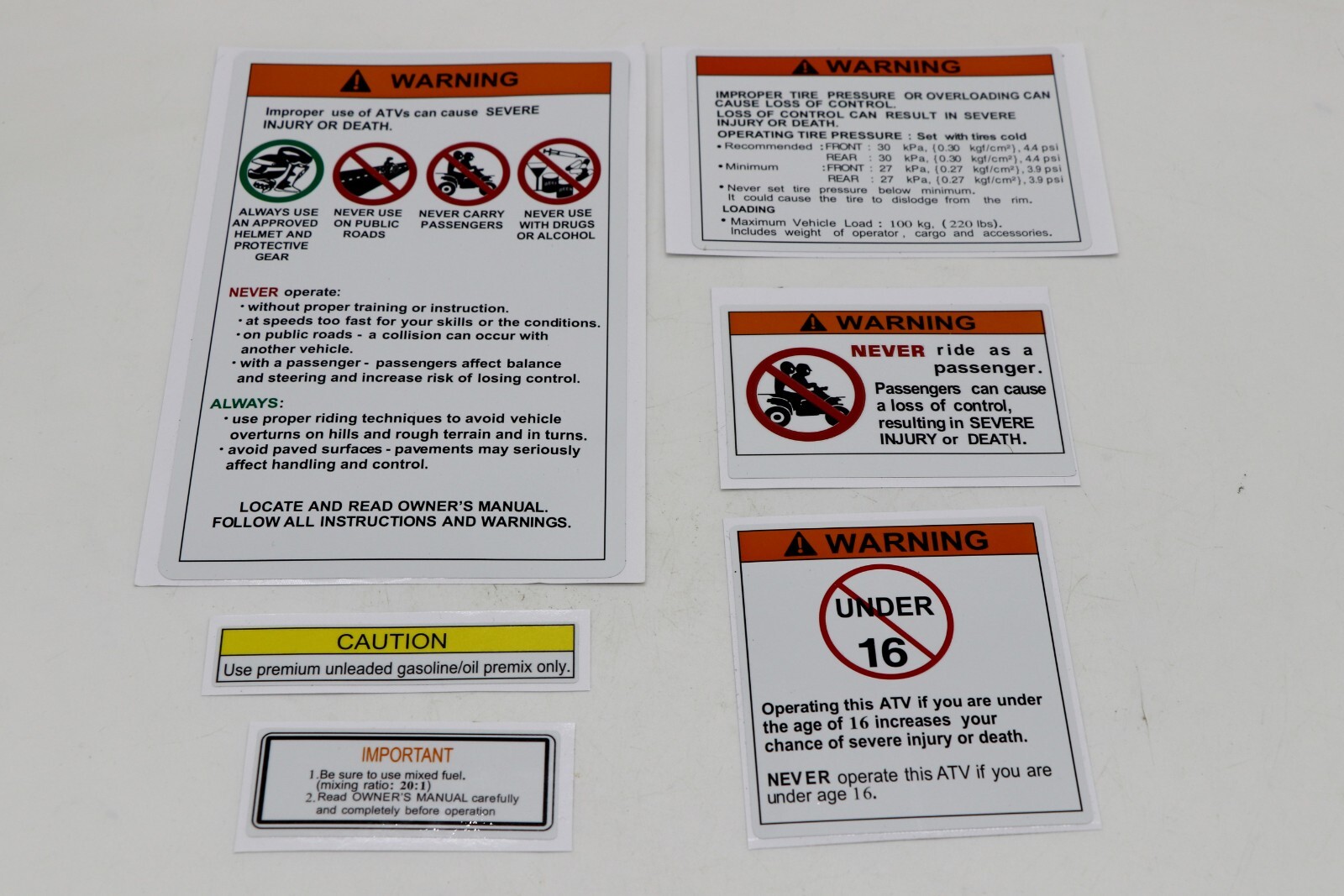 6 piece Yamaha warning decals stickers labels Raptor Blaster BANSHEE
