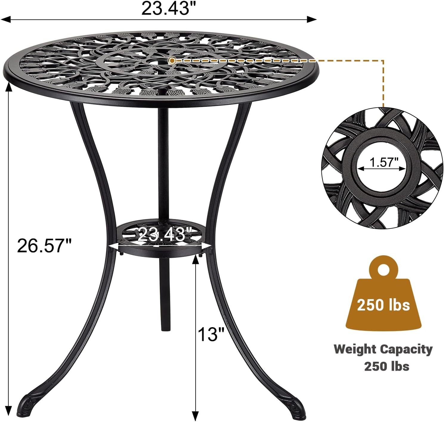 Round Patio Dining Table Cast Aluminum Outdoor Bistro Table With Umbrella Hole