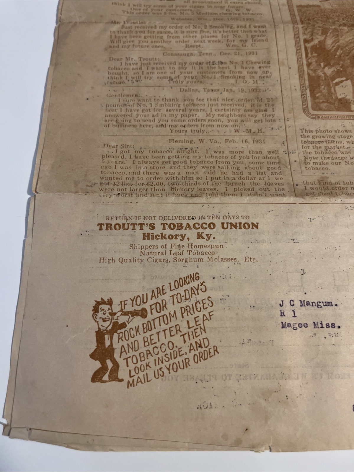 1920s letter from L.O. Troutt of Troutt's Tobacco Union To Long Lost Customer