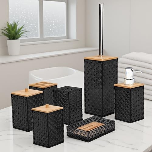 Bathroom Accessory Set,Bathroom Set Include Soap Dispenser, Qtip 7 Pcs Black