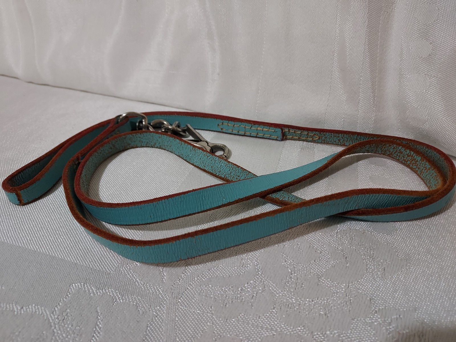 Rare Vtg Rhinestone Jeweled Turquoise Leather Pet Collar & Leash Set 11.5"-13.5"