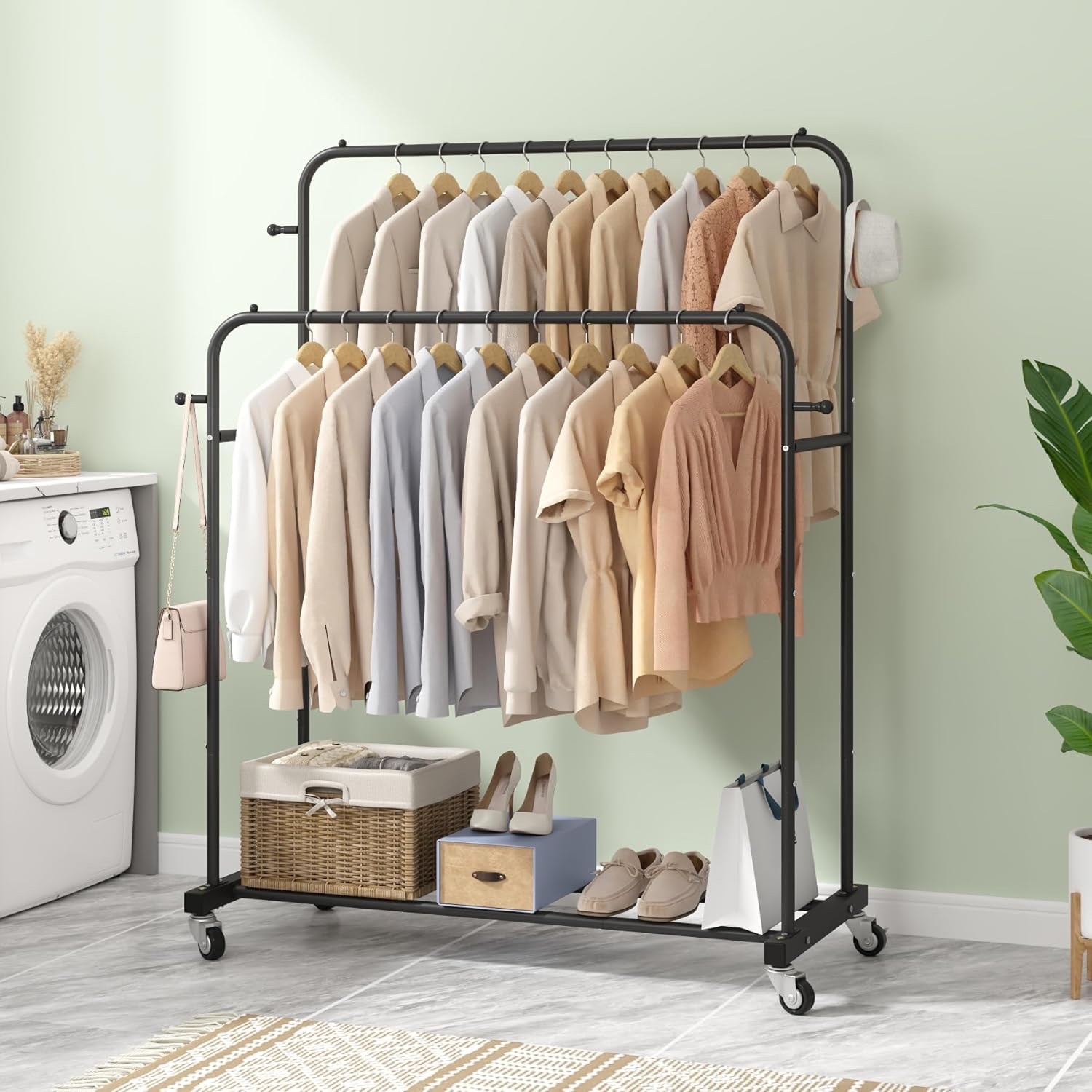 Laiensia Double Rods Garment Rack with Wheels, Clothing Rack for Hanging Clothes