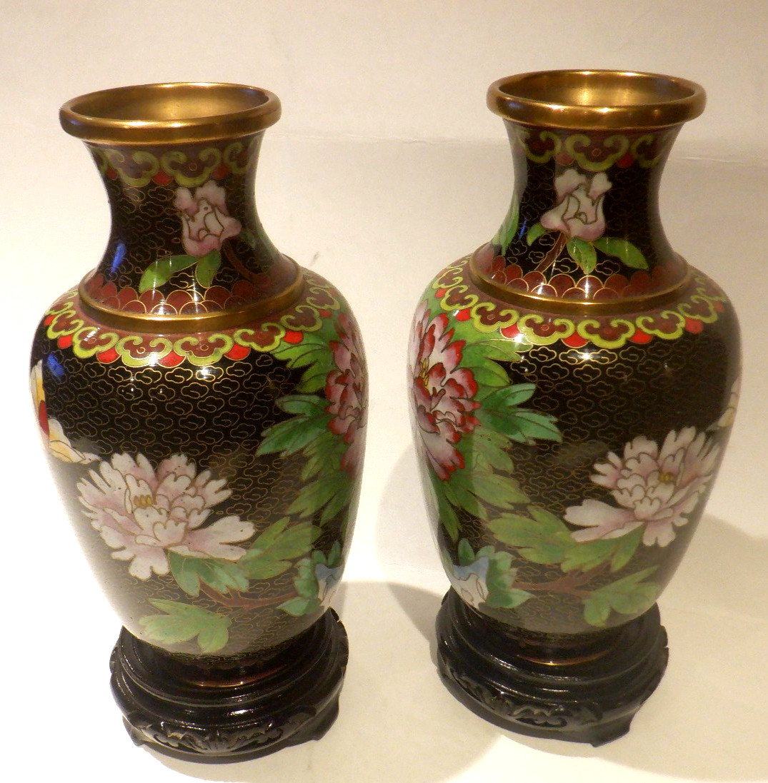 Pair of Vintage Cloisonne' Brass & Enamel Chinese Floral Vases w/Wood Stands