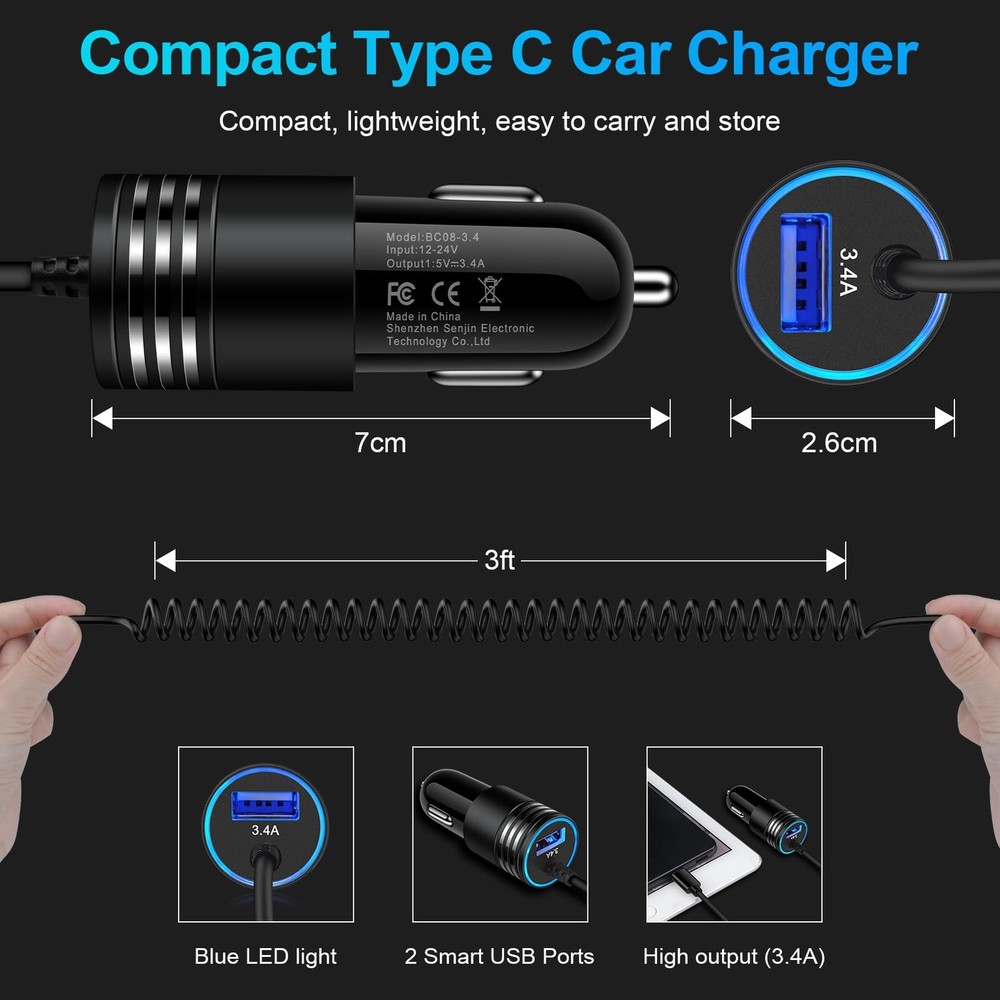 Android Car Charger Fast Charging Cord 3.4A USB Cigarette Lighter Adapter wit...
