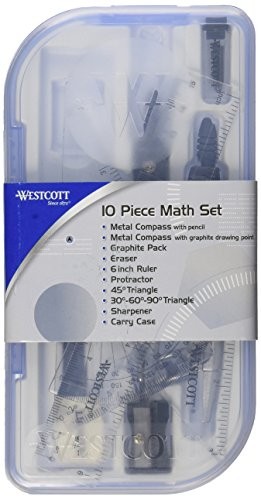 10-Piece Math Set for Students, Includes 2 Compasses, Protractor & Ruler,