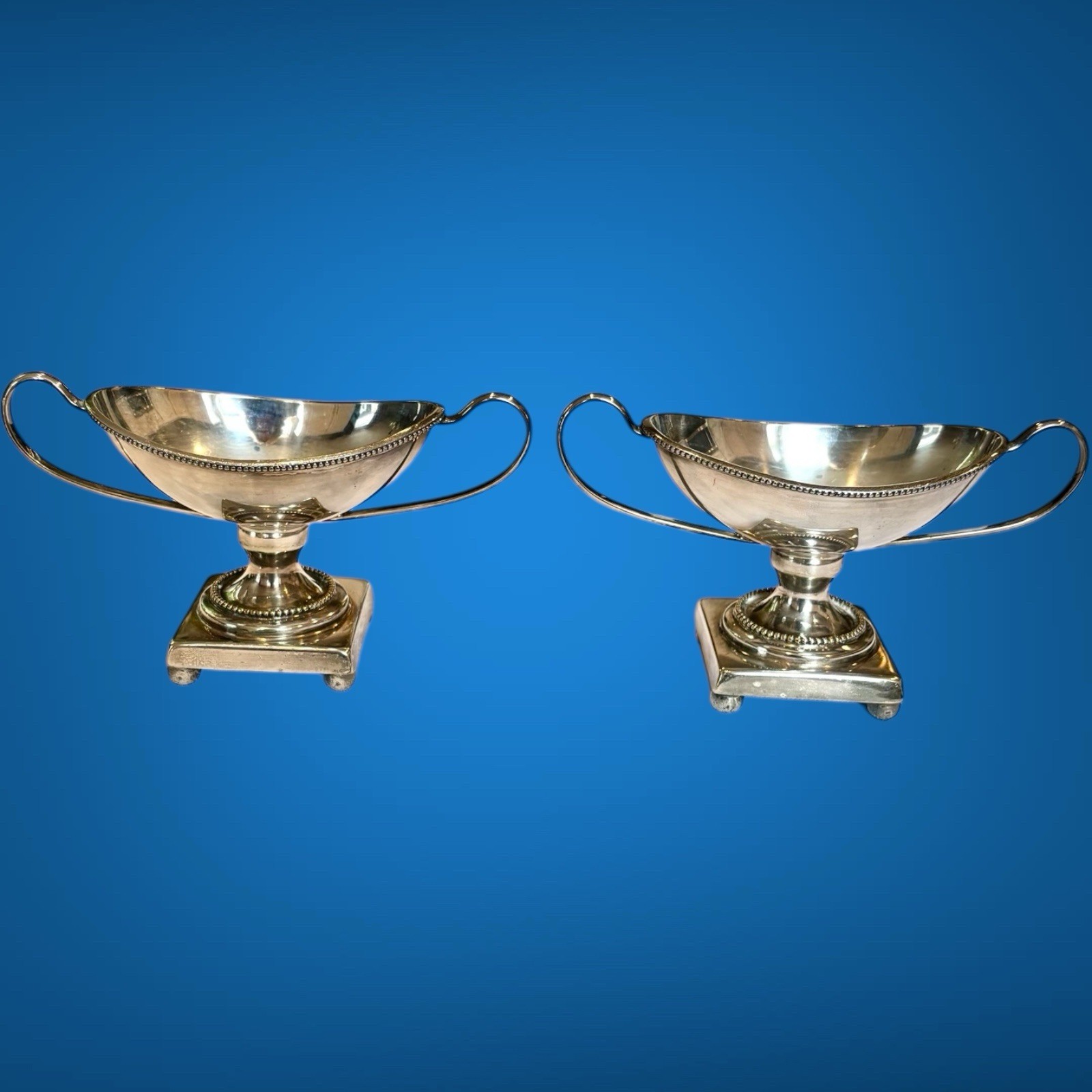 Vintage Antique Pair of Silver Plated Pedestal Salt Cellars With Handles