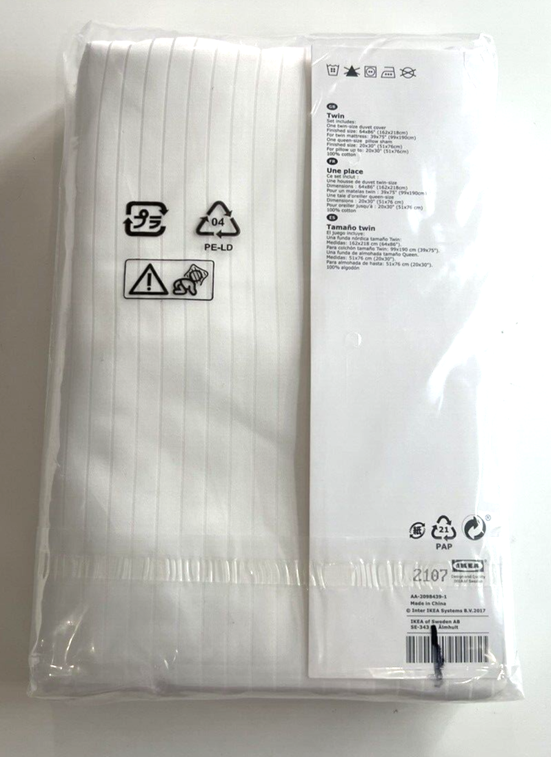 New Ikea Hastskrappa Twin Duvet cover and pillowcase, white 600 Thread count