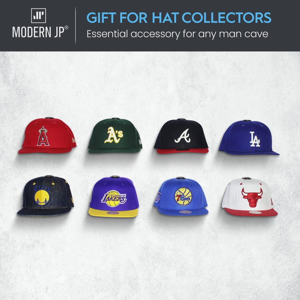 Modern JP Adhesive Hat Hooks for Wall 8-Pack - Hat Rack for Baseball Caps,