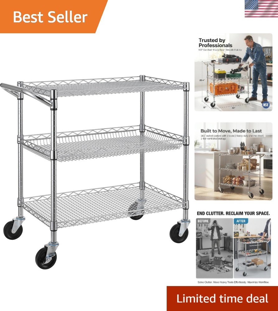 Durable Chrome Utility Cart - 500lb Capacity 3-Tier Rolling Storage Solution