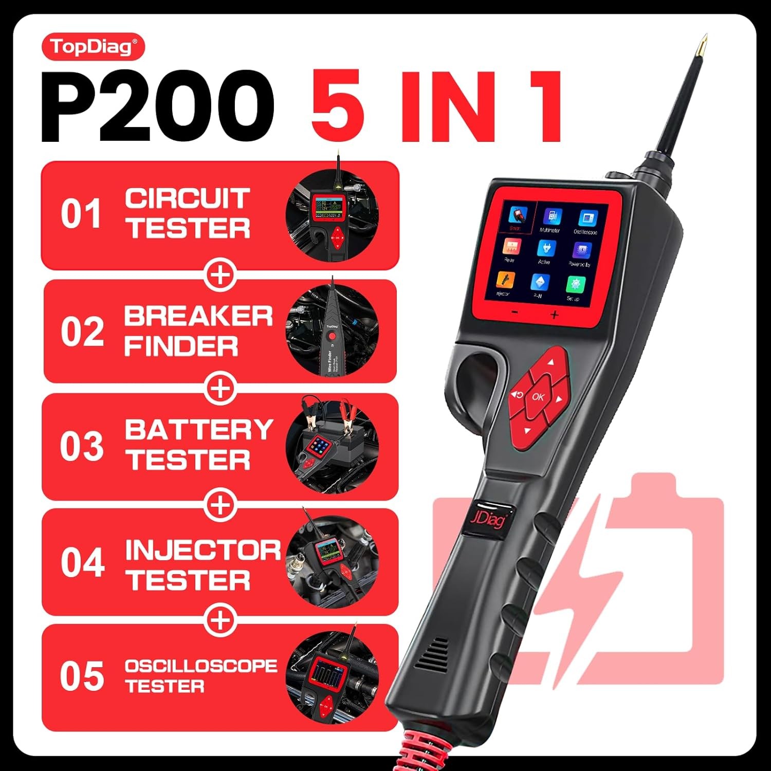 Topdiag P200 Automotive Circuit Tester Power Probe 9~30V Multimeter + 20ft Cable