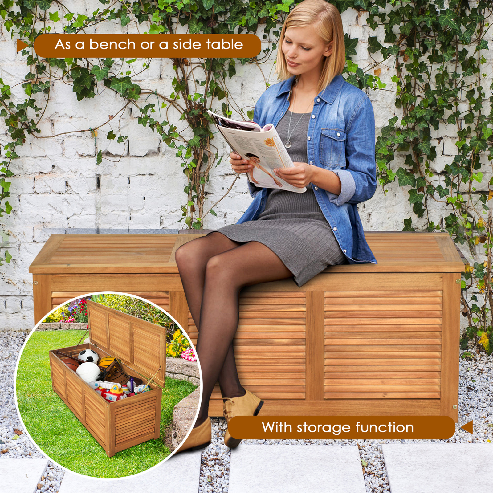 Acacia Wood Deck Box 47 Gallon Garden Backyard Storage Bench Container
