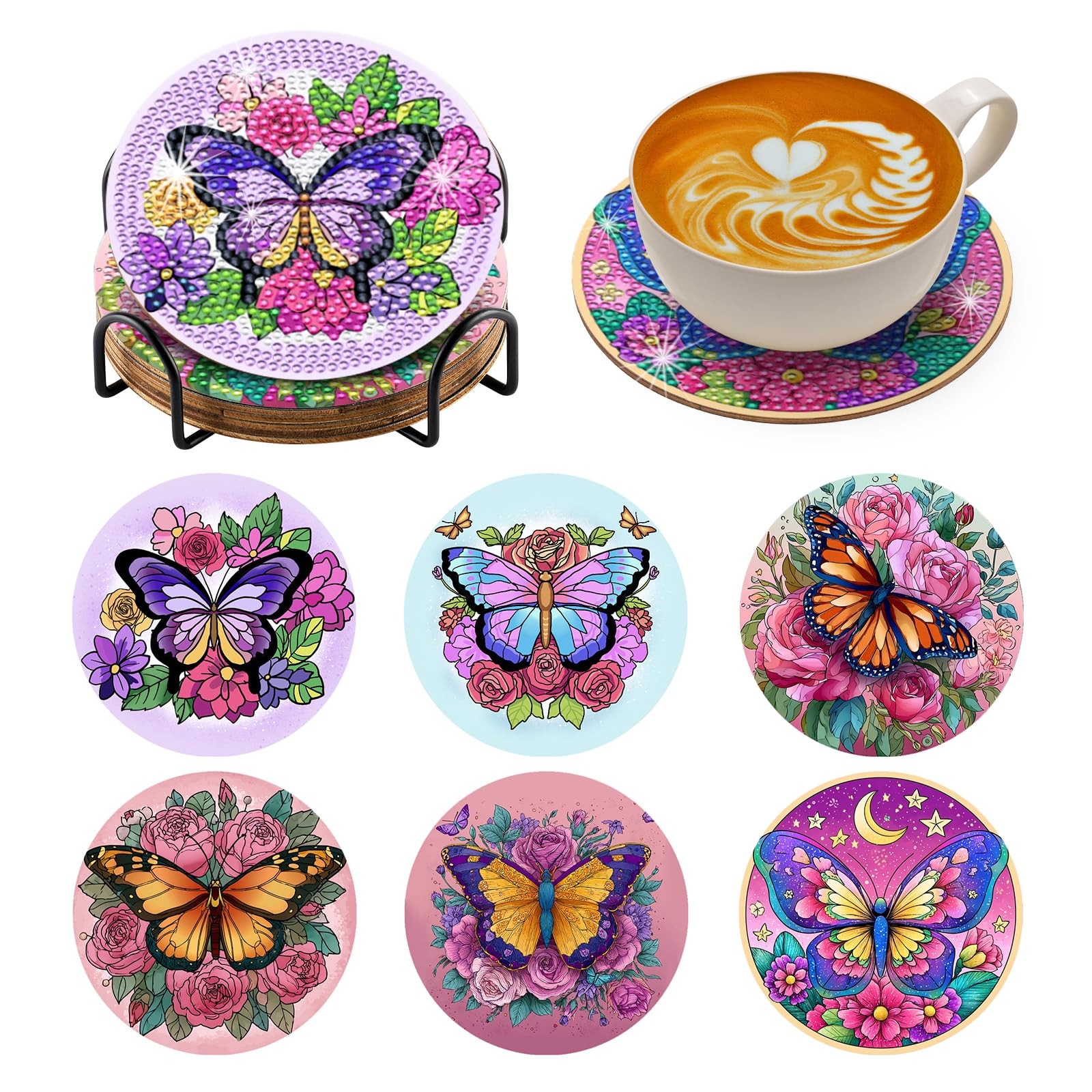 Butterfly Diamond Painting Coasters Kits with Holder, DIY Butterfly Diamond Art