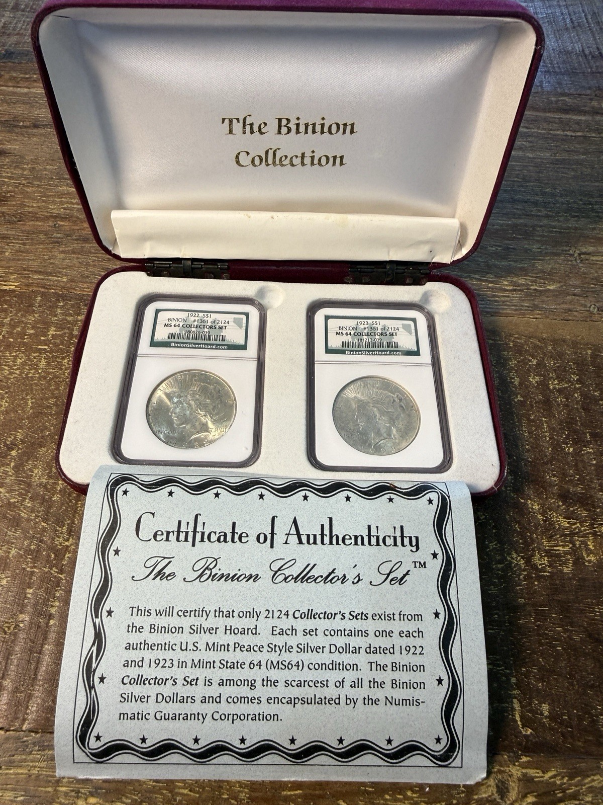 1922 & 1923 Peace Silver Dollar Set - Binion Silver Hoard - NGC MS64 - Box & COA