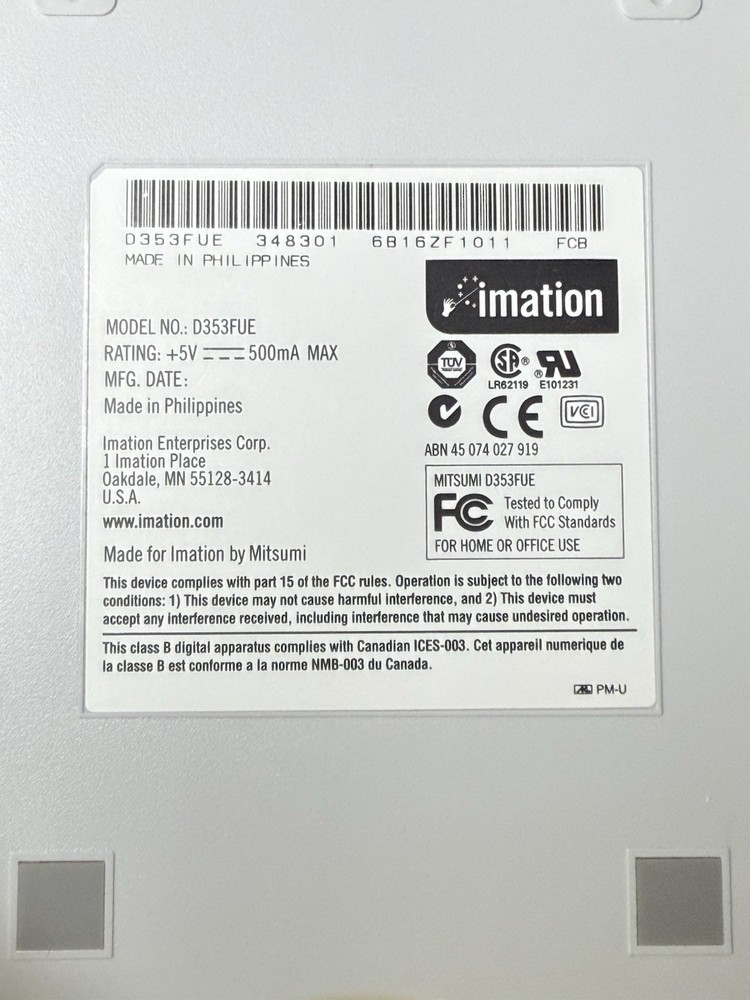 Imation USB External 3.5” Floppy Disk Drive D353FUE Mitsumi Tested