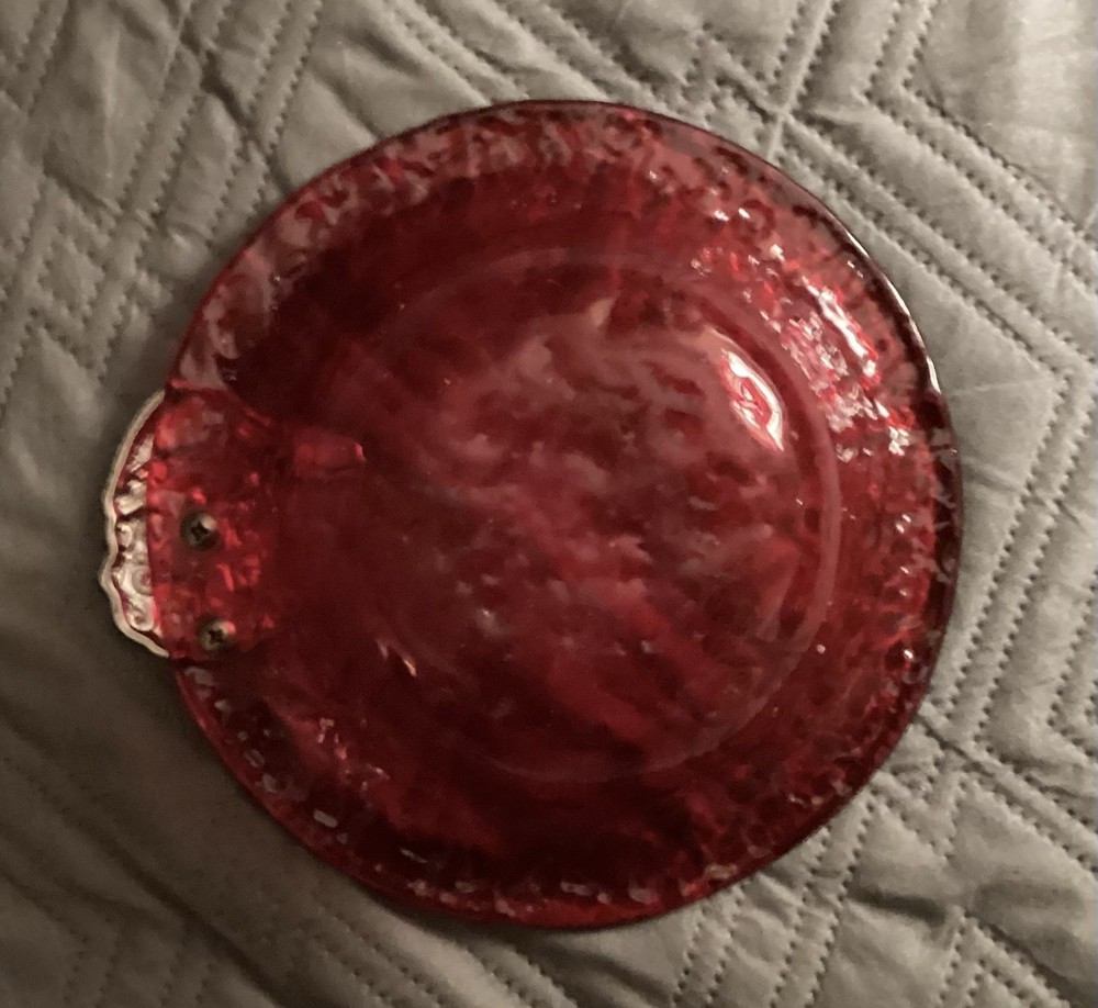 Ruby Red Candy Dish With Metal Santa Attached To Side