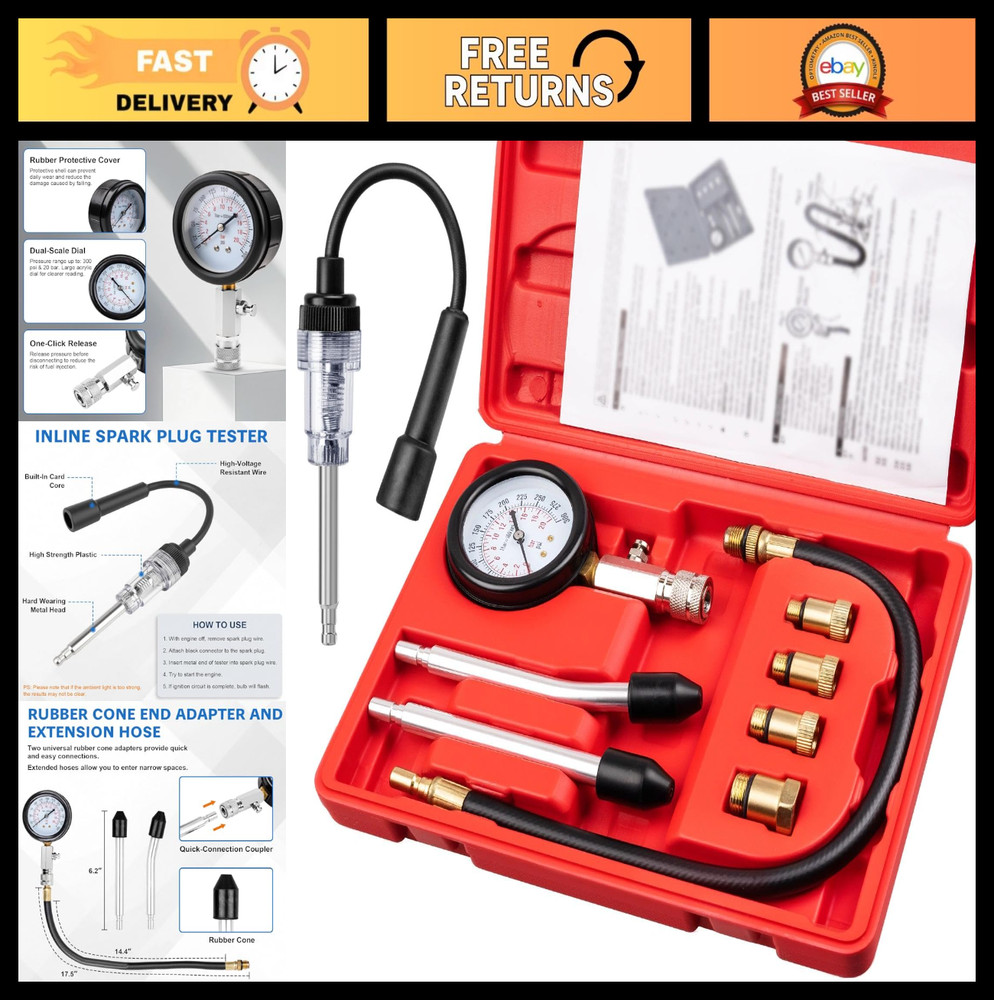 9pcs Engine Compression Tester Kit - 0-300PSI Spark Plug & Small Engine Tools