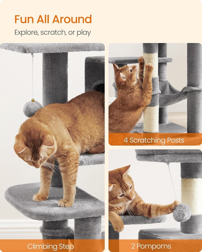 Feandrea 44.1" Cat Tree 🐱 Multi-Level Tower, Hammock, Cave, Scratching Posts