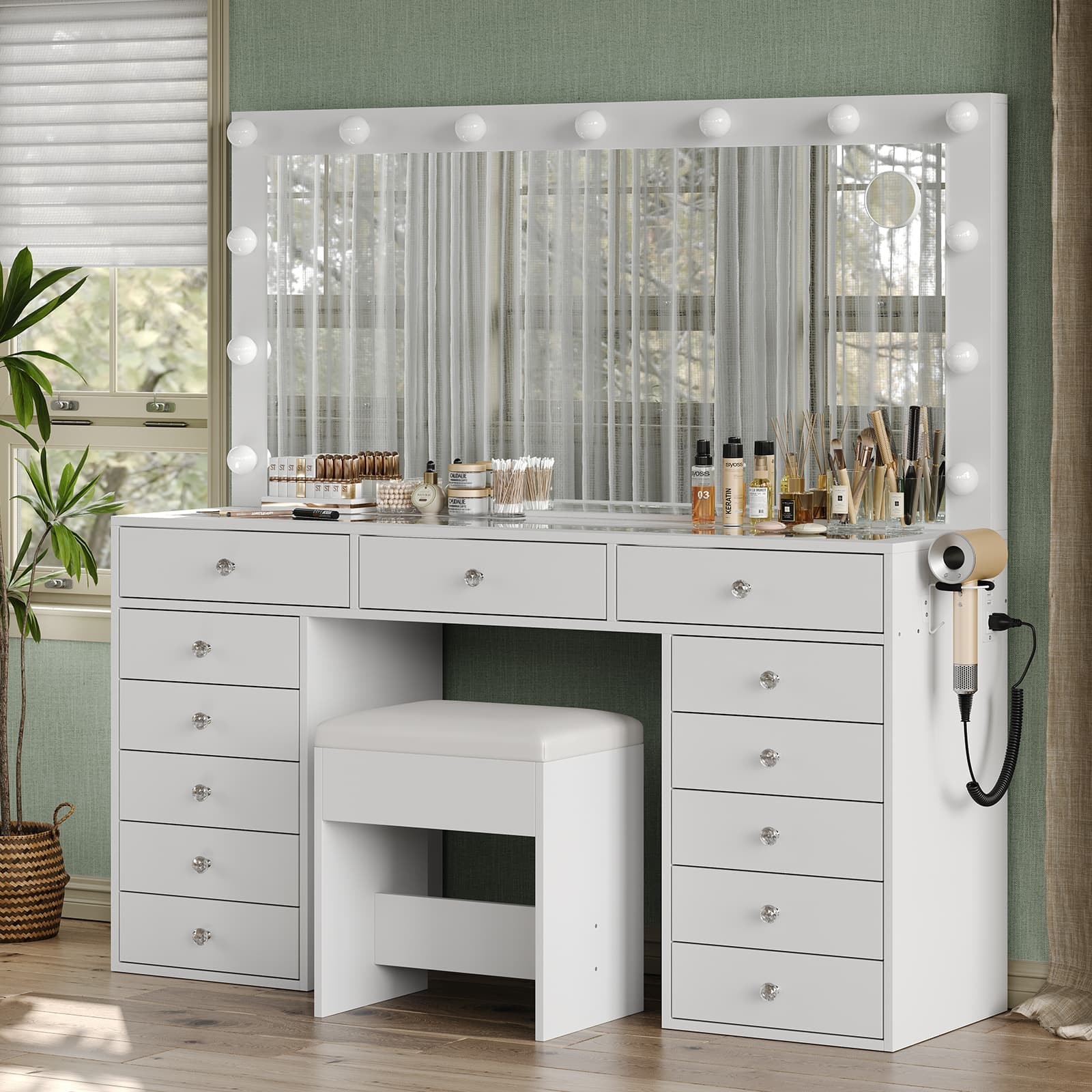 55" Makeup Vanity Desk with Lighted Mirror, Vanity Table Gift, 13 Drawers, White