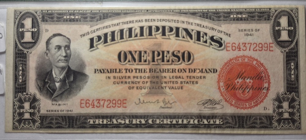 1941 ONE PESO PHILIPPINES NAVAL AVIATOR'S NOTE PMG CU 63