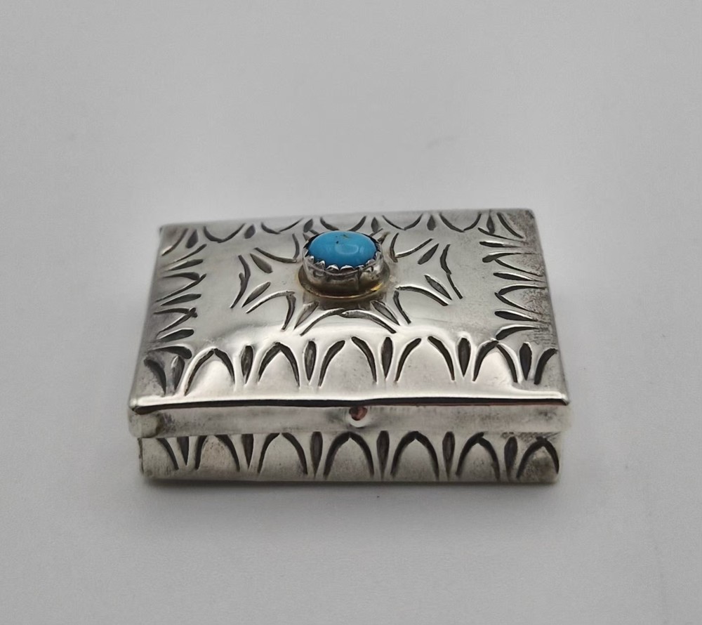 Vintage Sterling Silver Pill Box Rectangular Engraved Blue Turquoise 14.3g