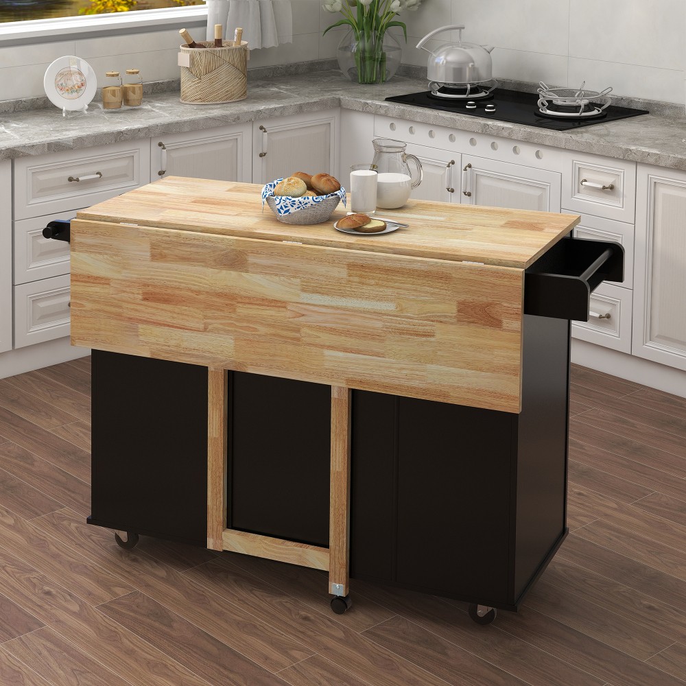 Kitchen Island W Spice Rack Towel Rack Extensible Solid Wood Table Top